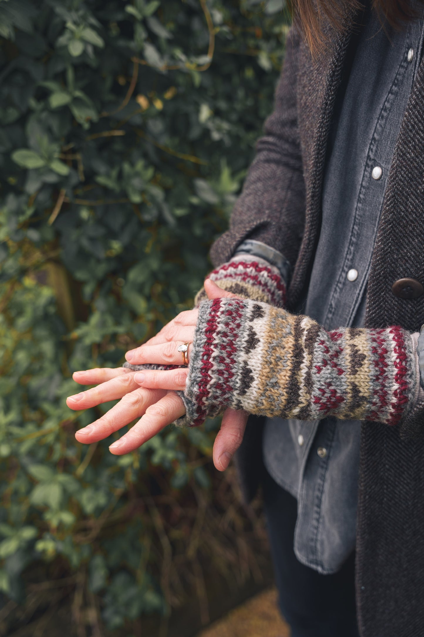 Maroon and Grey Hand Knitted Wrist Warmers