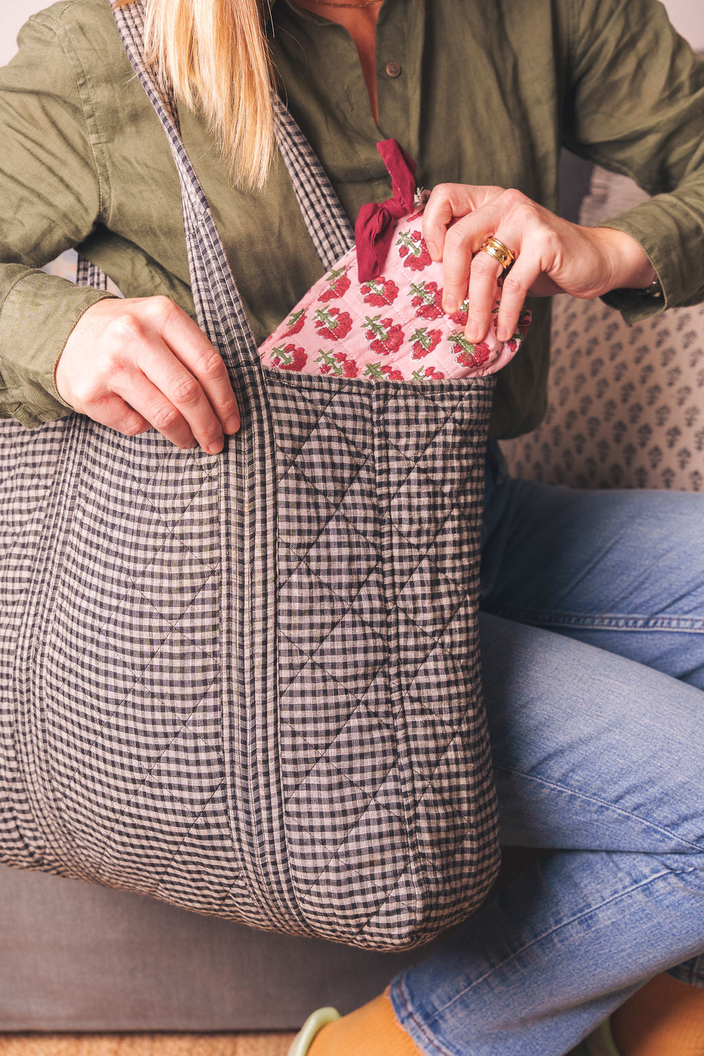 Black and White Handloom Gingham Tote