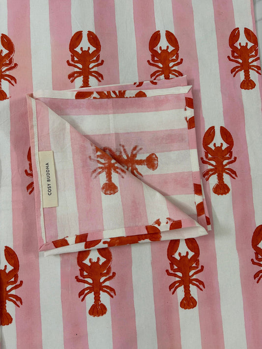 Pink Stripe Lobster Block Print Napkins Set of Four