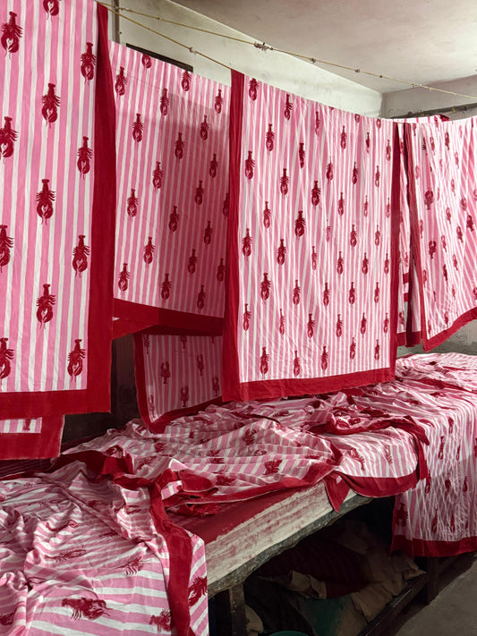SECONDS Lobster and Pink Stripe Table Cloth - Six Seater