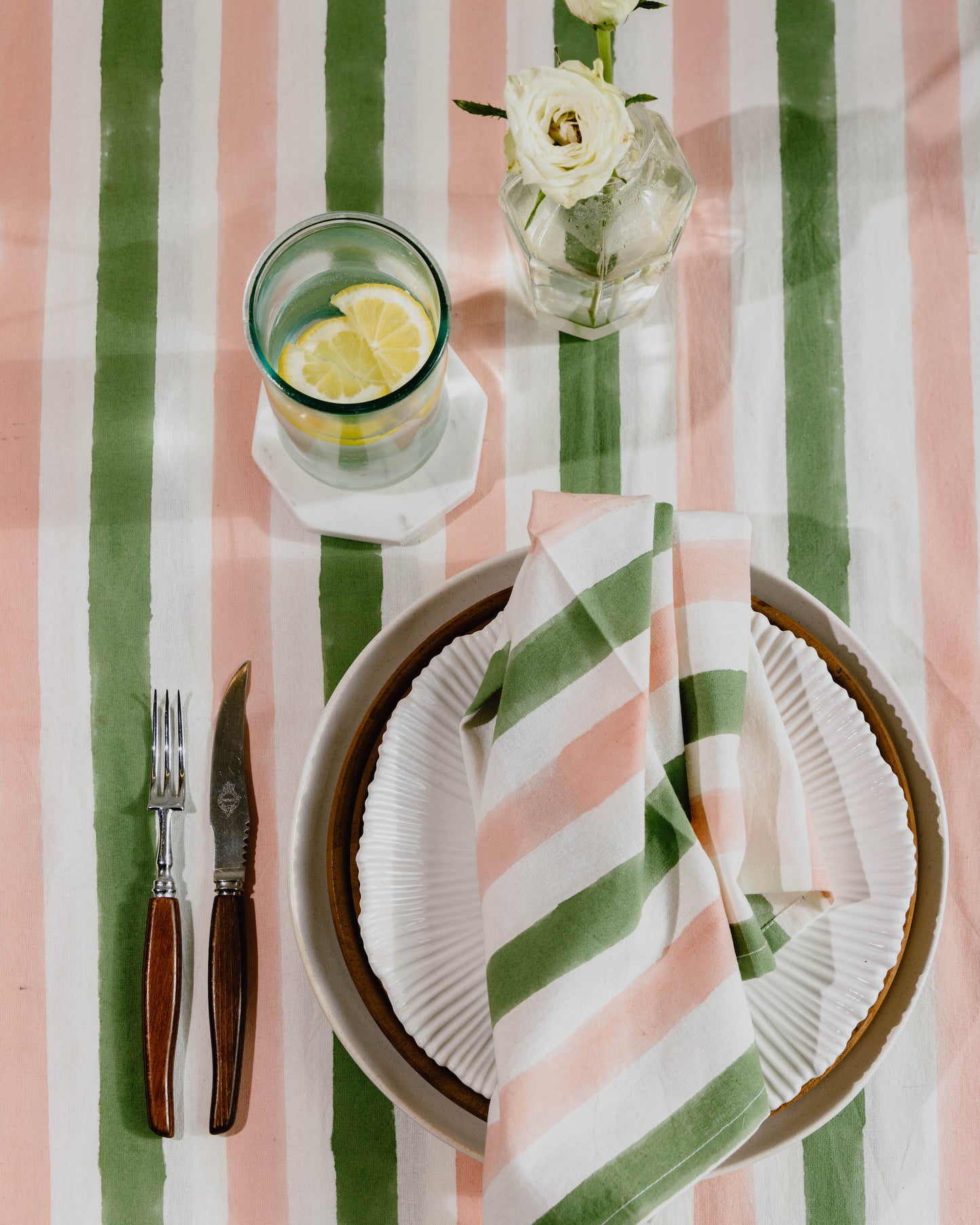 Olive Green & Pink Stripe Block Print Napkins