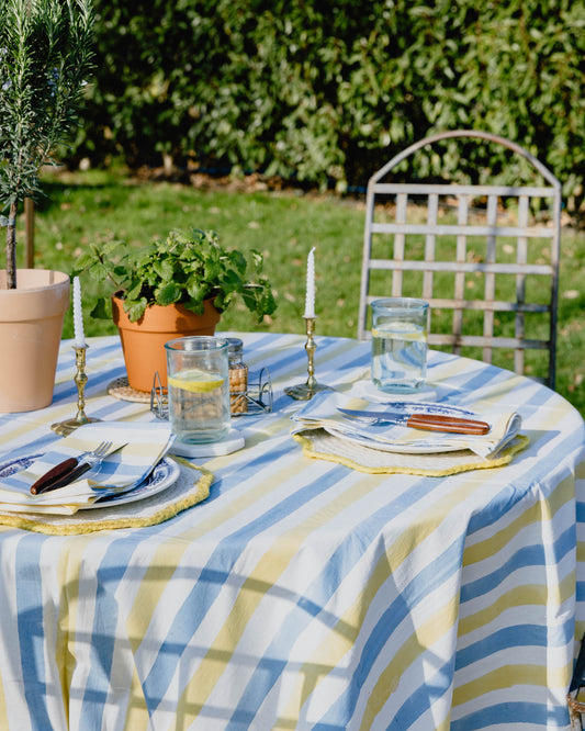 Sky Blue & Butter Yellow Stripe Block Print Tablecloth