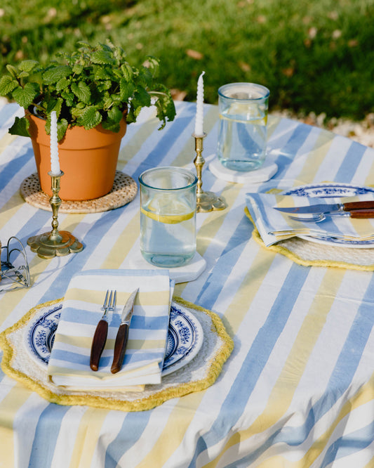 Sky Blue & Butter Yellow Stripe Stripe Block Print Napkins Set of Four