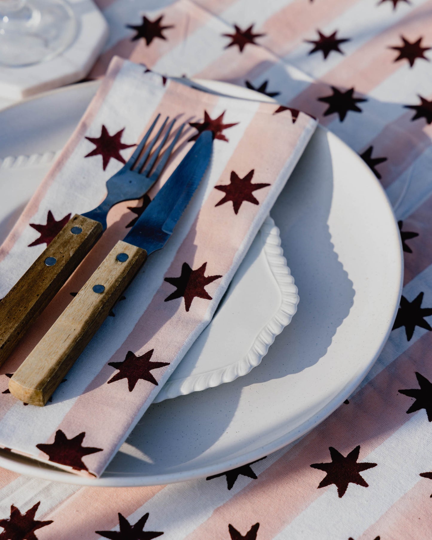 Pink Stripe & Burgundy Star Block Print Tablecloth
