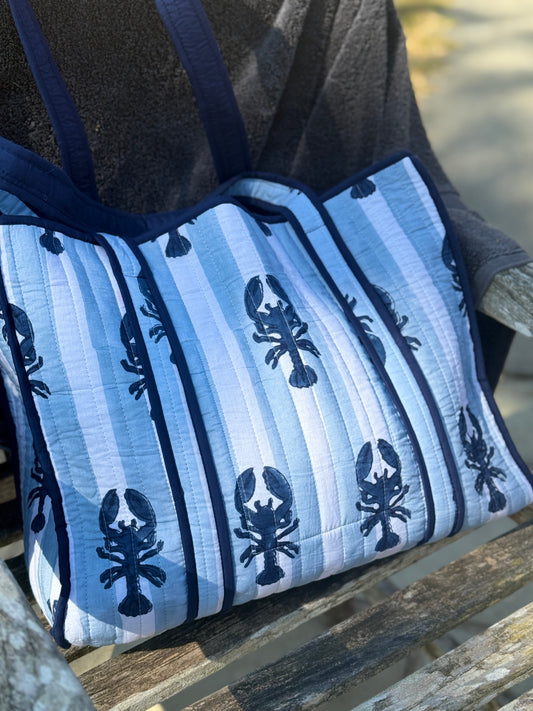 Blue Stripe Lobster Block Print Tote