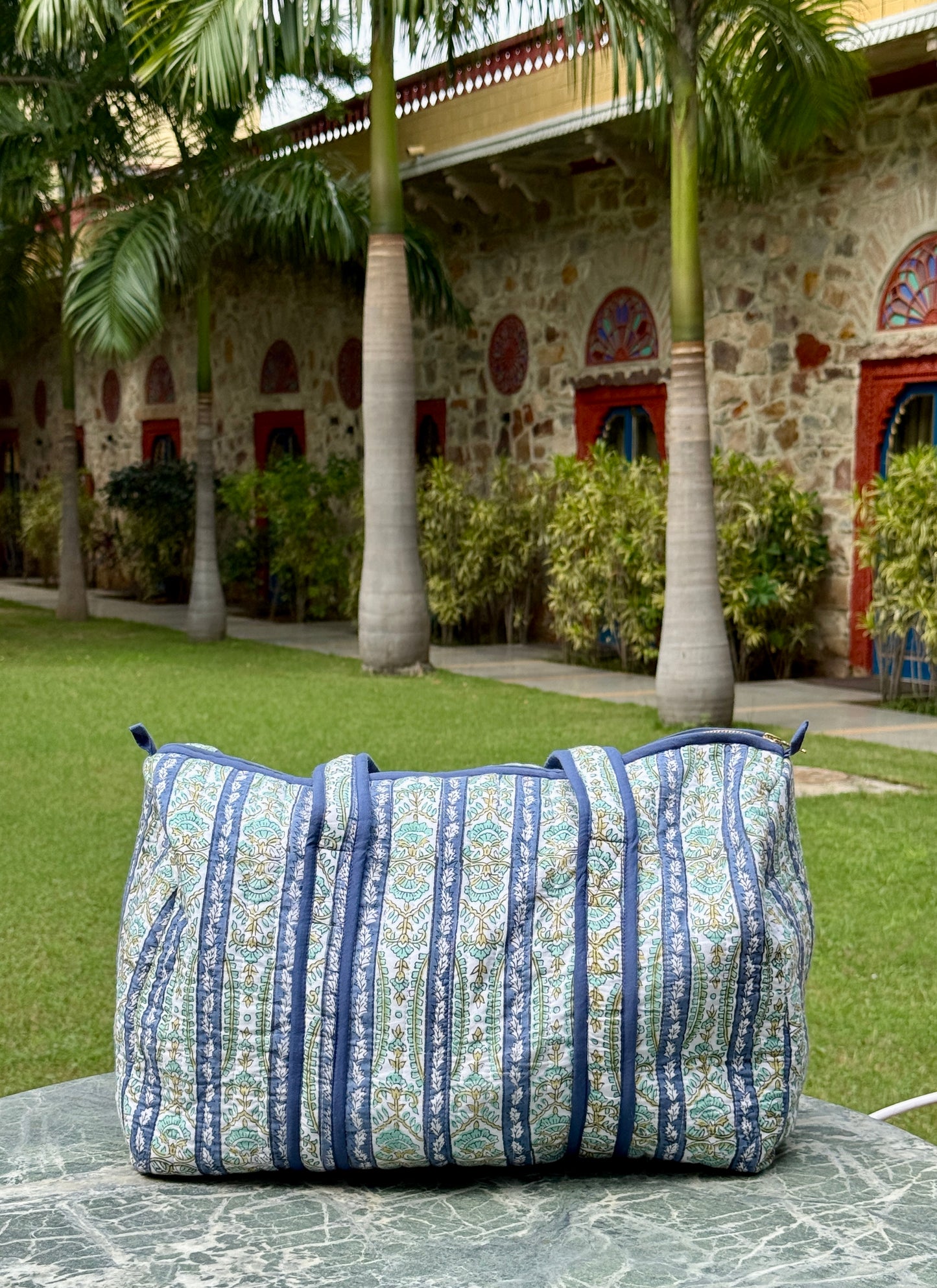 Blue Border Block Print Duffle Bag