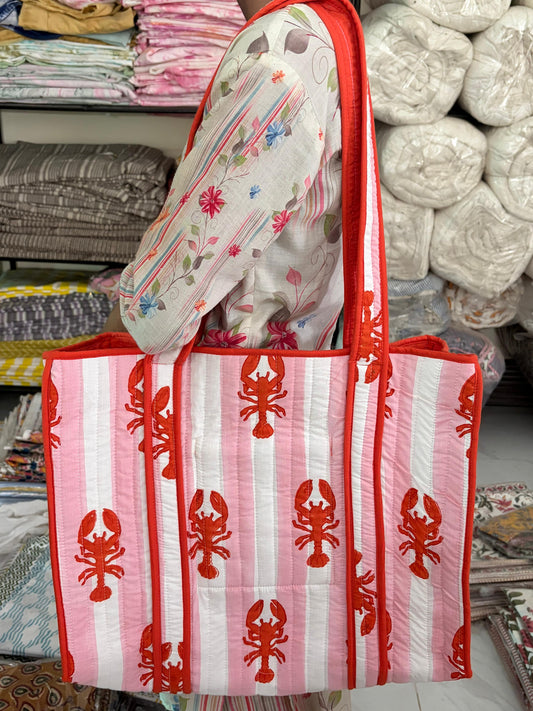Pink Stripe Lobster Block Print Tote