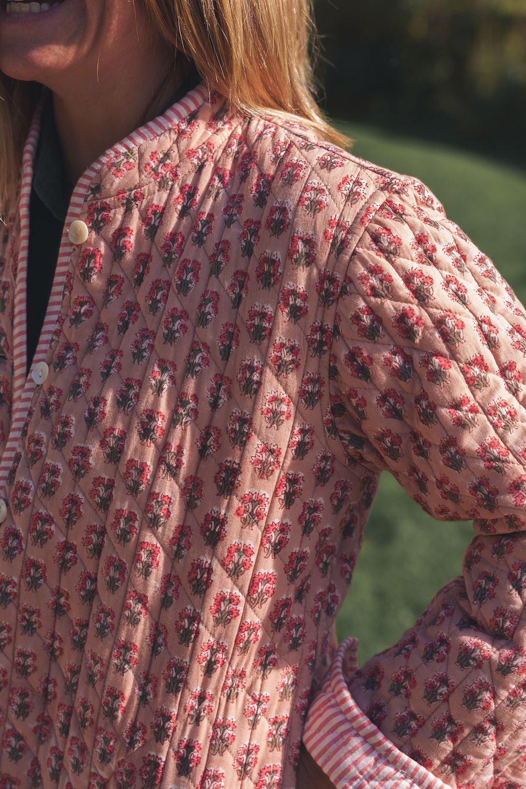 Peachy Pink Block Print Quilted Jacket