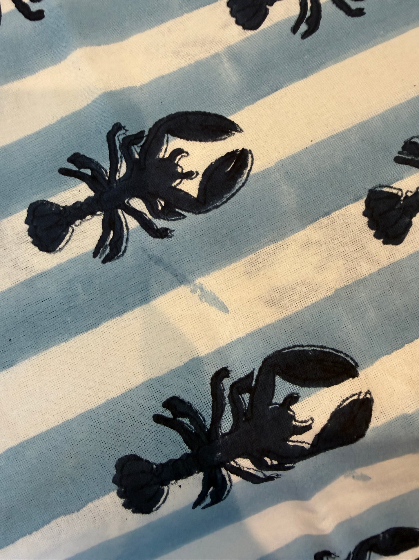SECONDS Blue Lobster Stripe Block Print Tablecloth