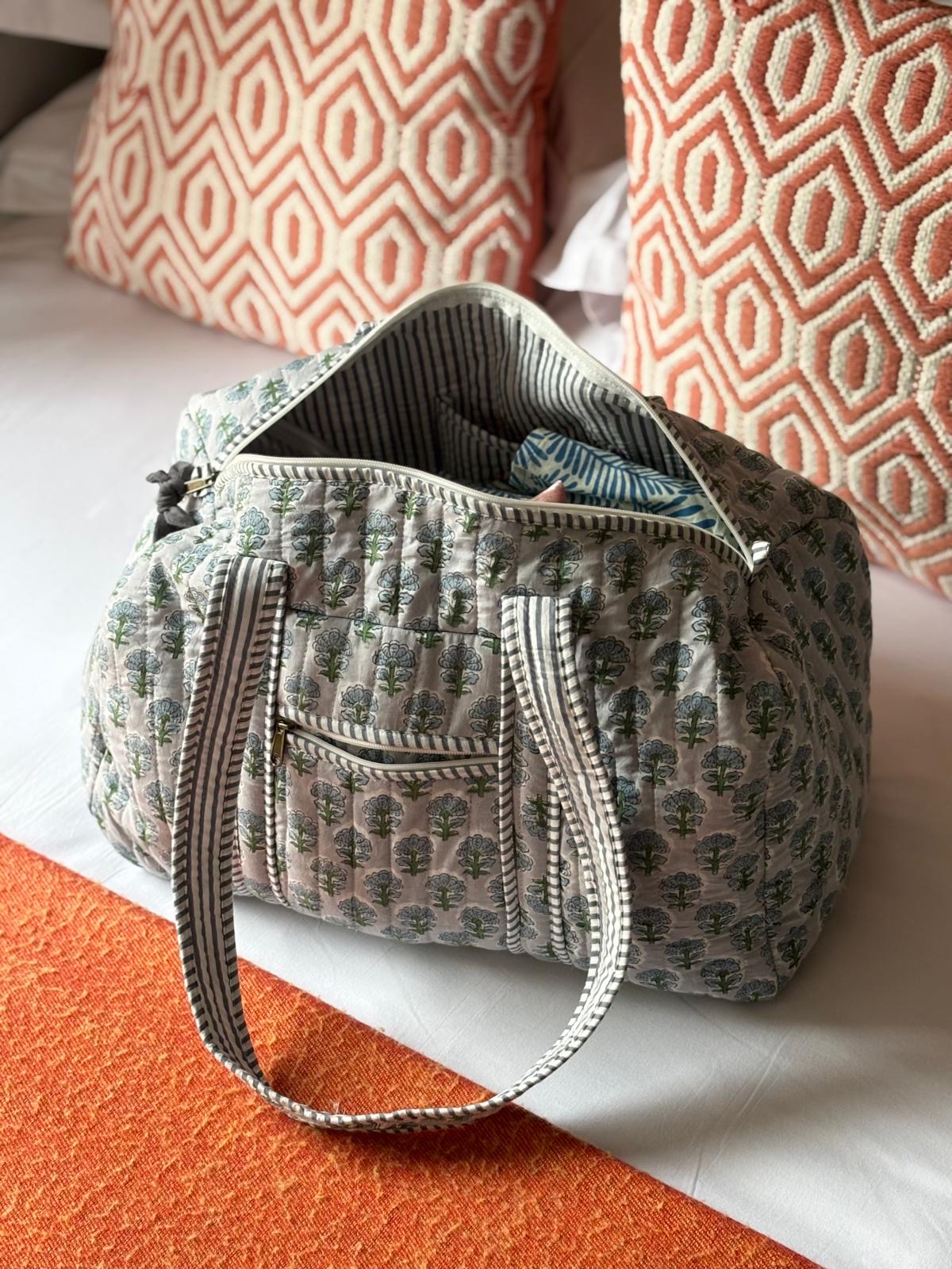 French Blue Block Print Duffle Bag