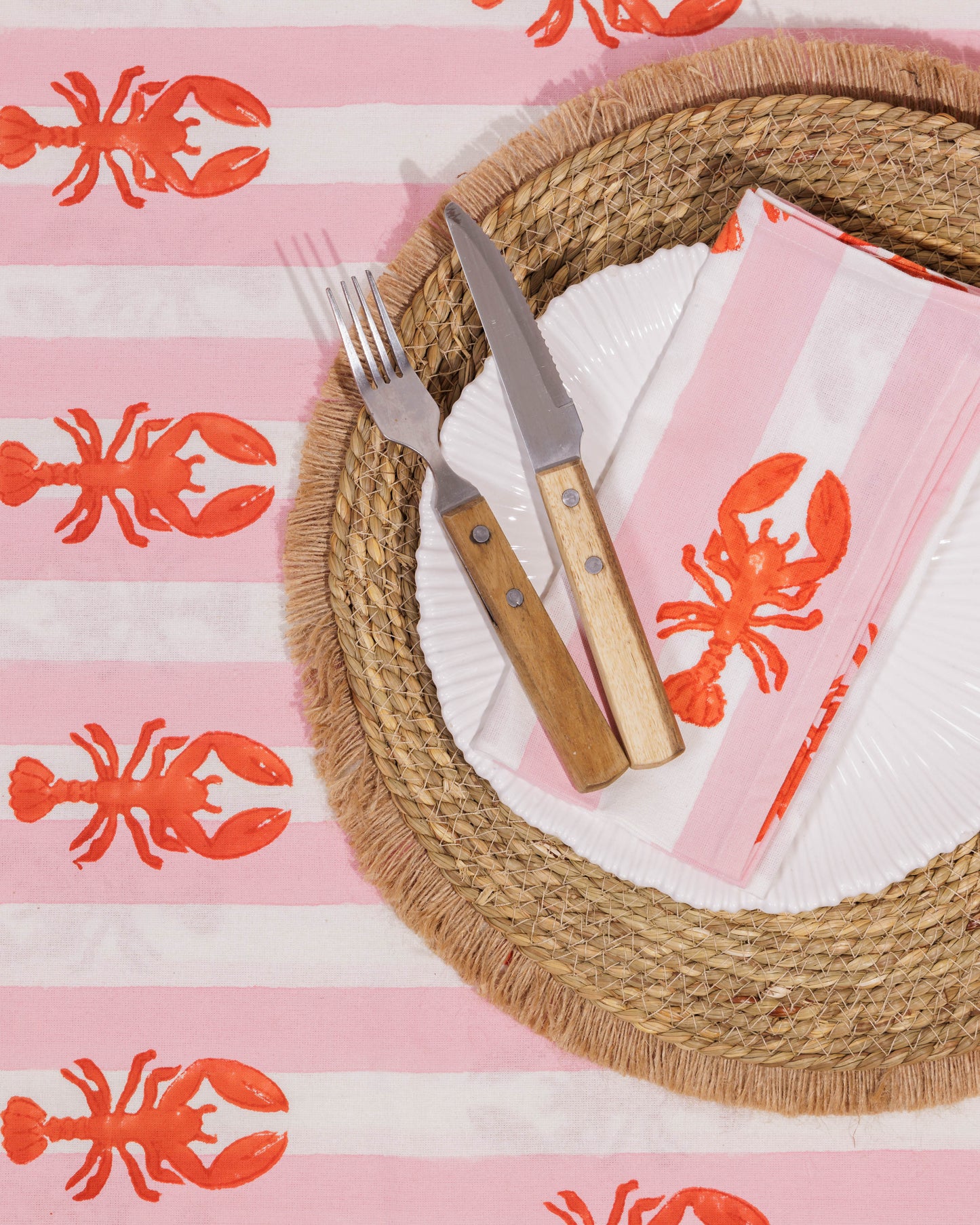 SECONDS Pink Lobster Stripe Block Print Tablecloth
