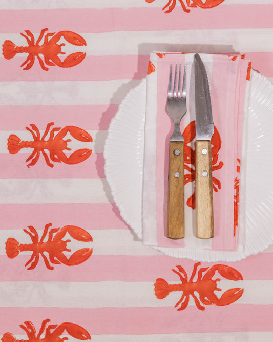 Pink Stripe Lobster Block Print Tablecloth