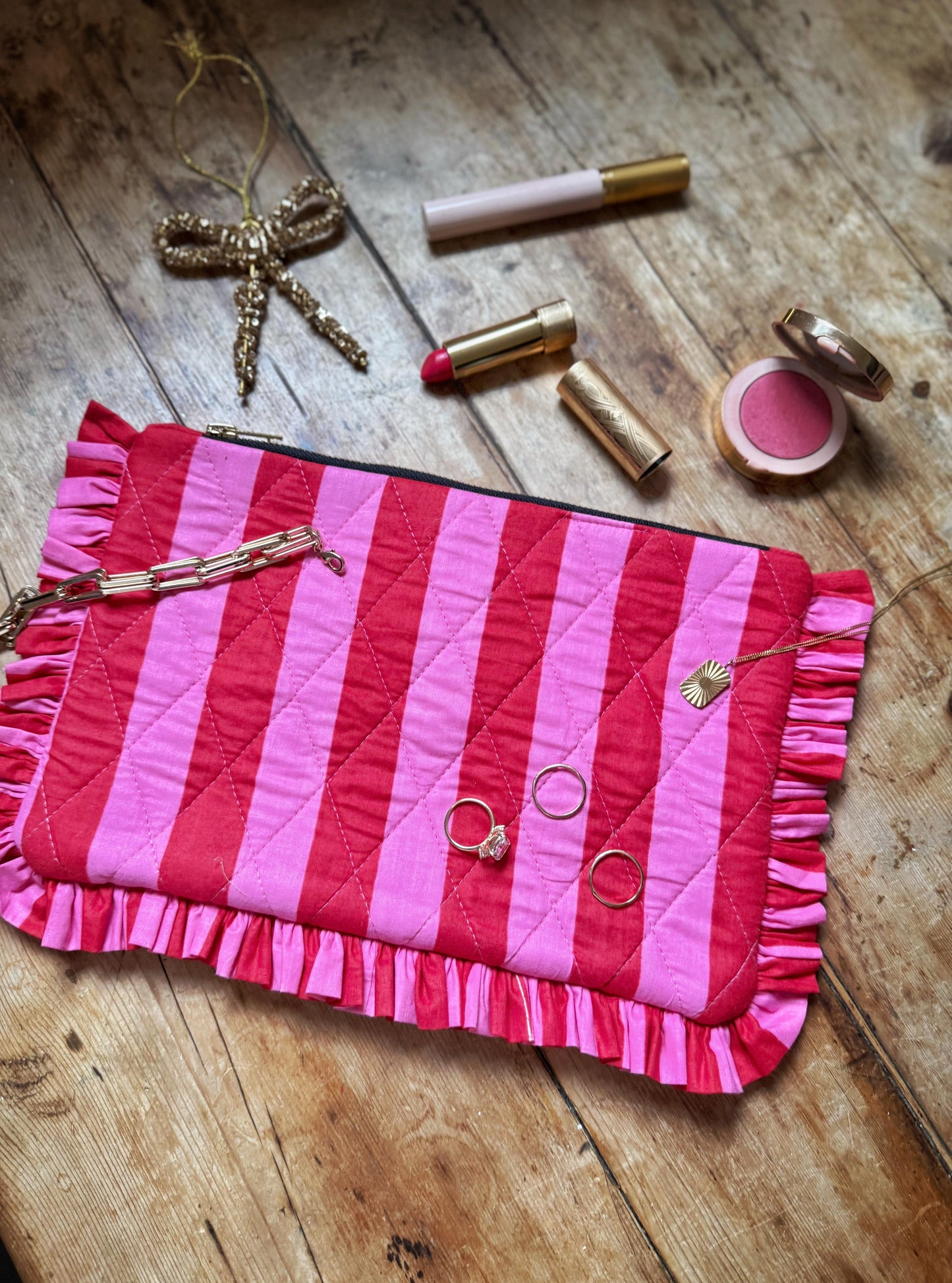 Pink and Red Stripe Ruffle Clutch
