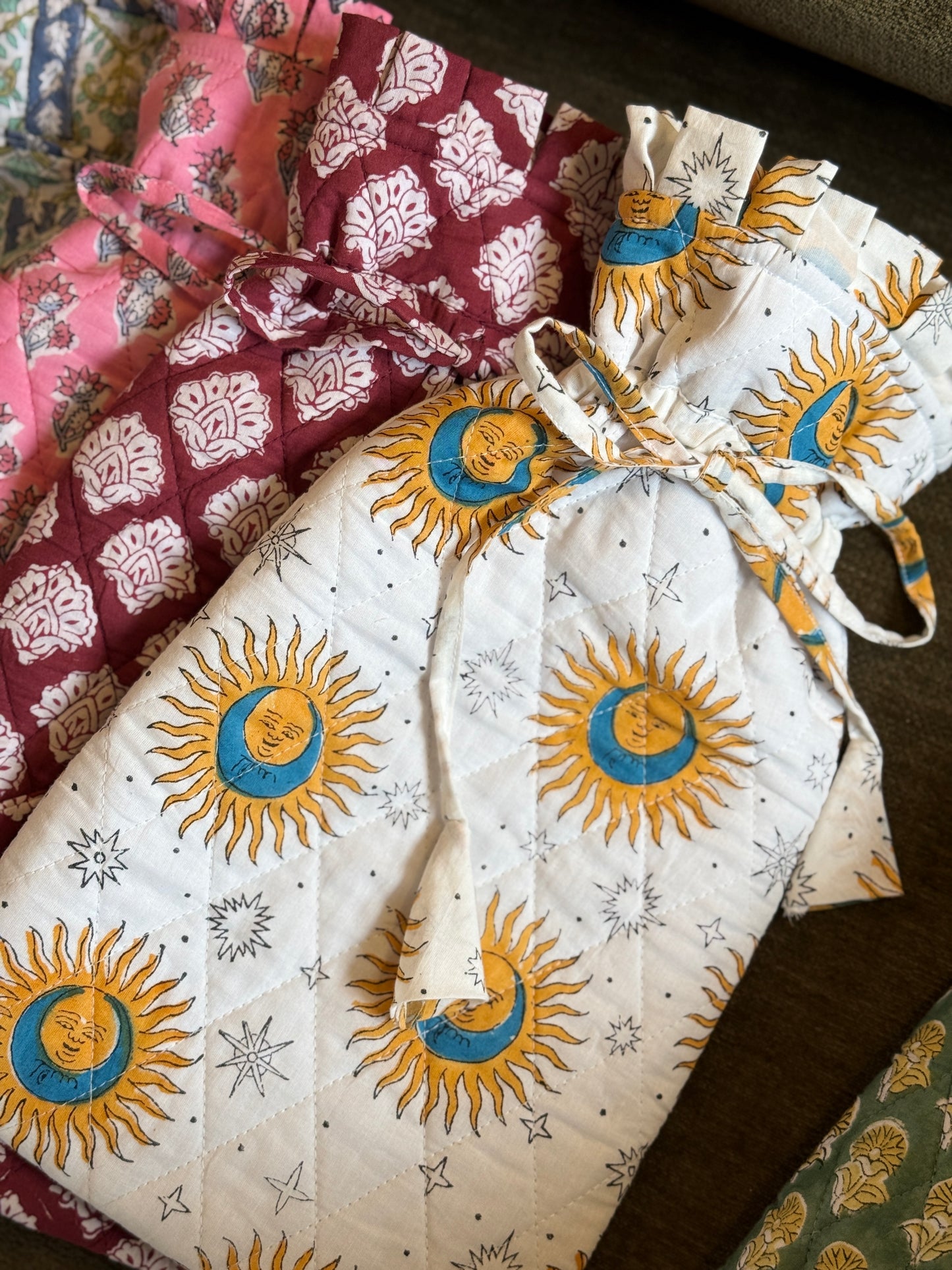 Quilted Block Printed Hot Water Bottle Covers