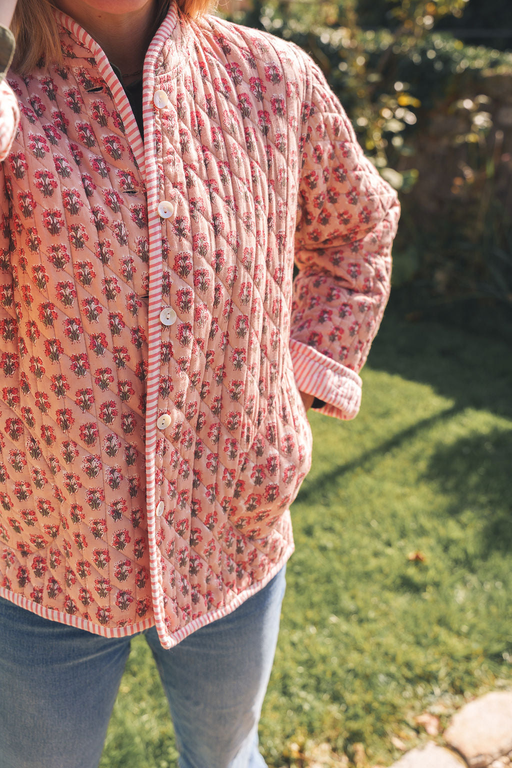 Peachy Pink Block Print Quilted Jacket