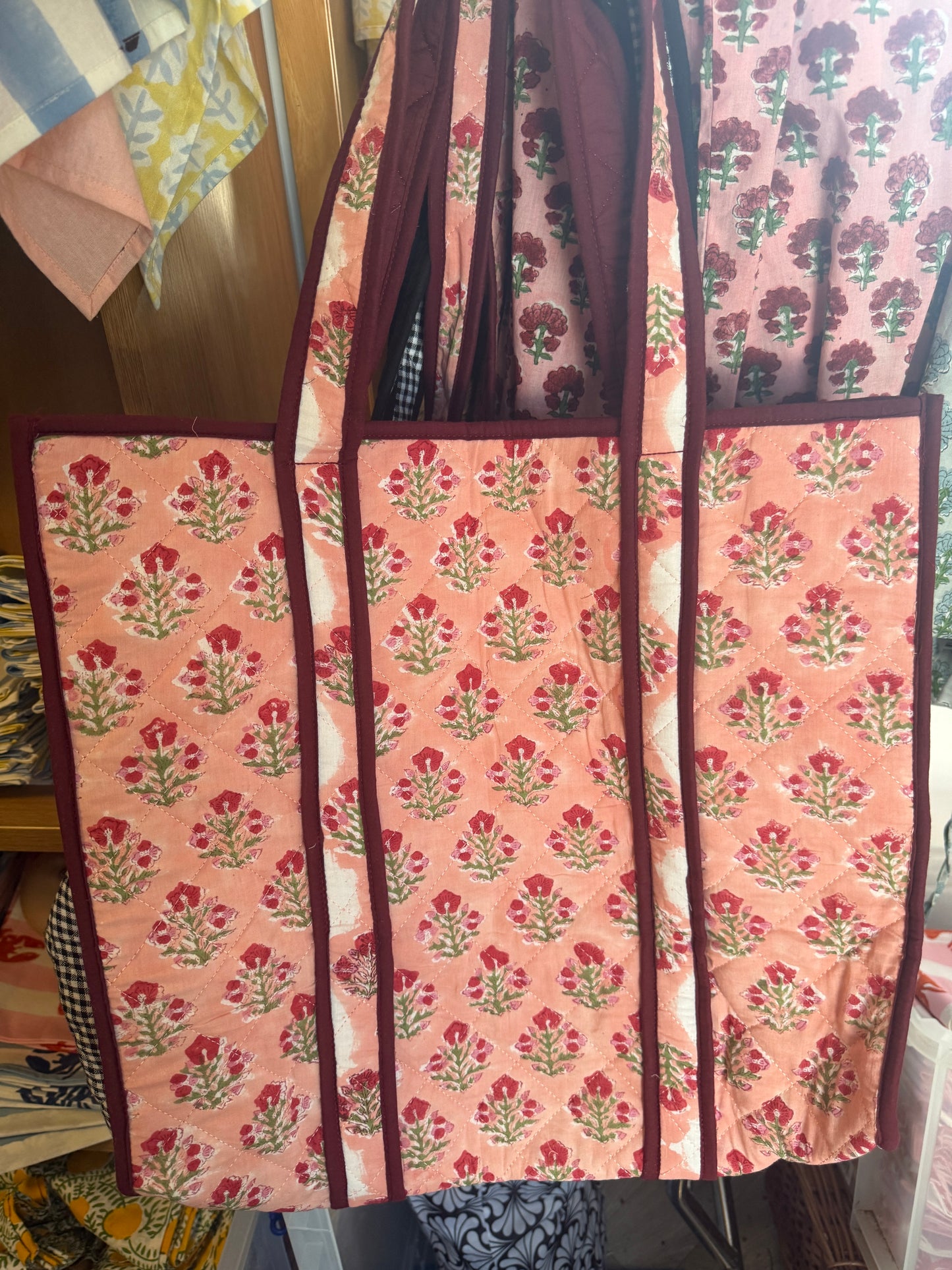 SECONDS Apricot Floral Block Print Tote - misprint on straps