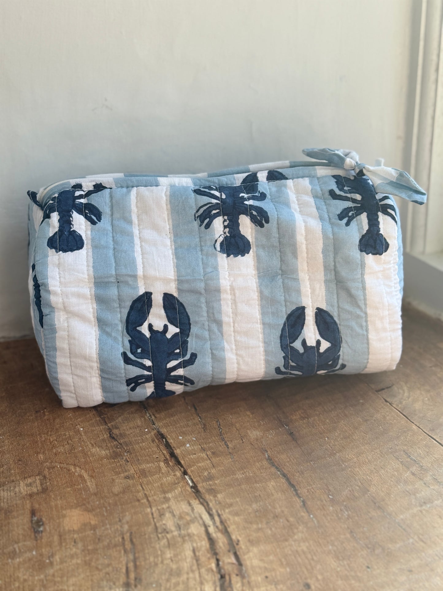Blue Stripe Lobster Block Print Wash Bag