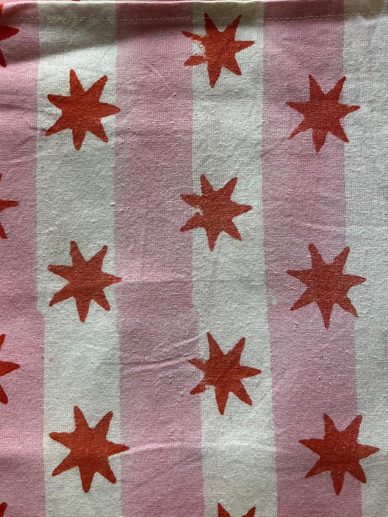 SECONDS Coral Star and Pink Stripe Block Print Tablecloth