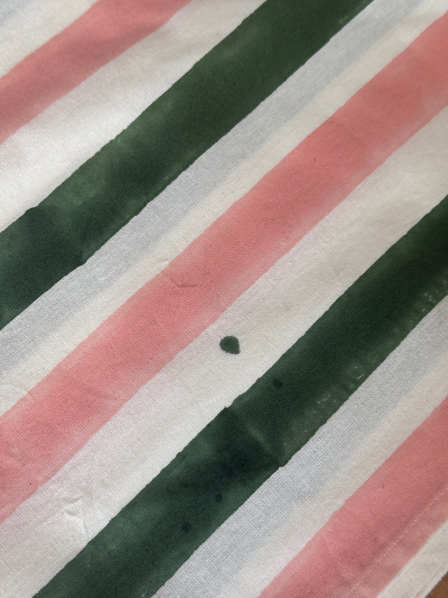 SECONDS Olive Green & Pink Stripe Block Print Tablecloth