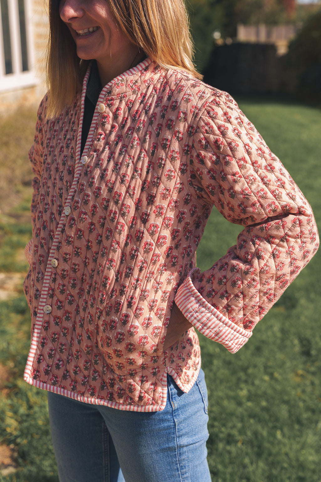 Peachy Pink Block Print Quilted Jacket