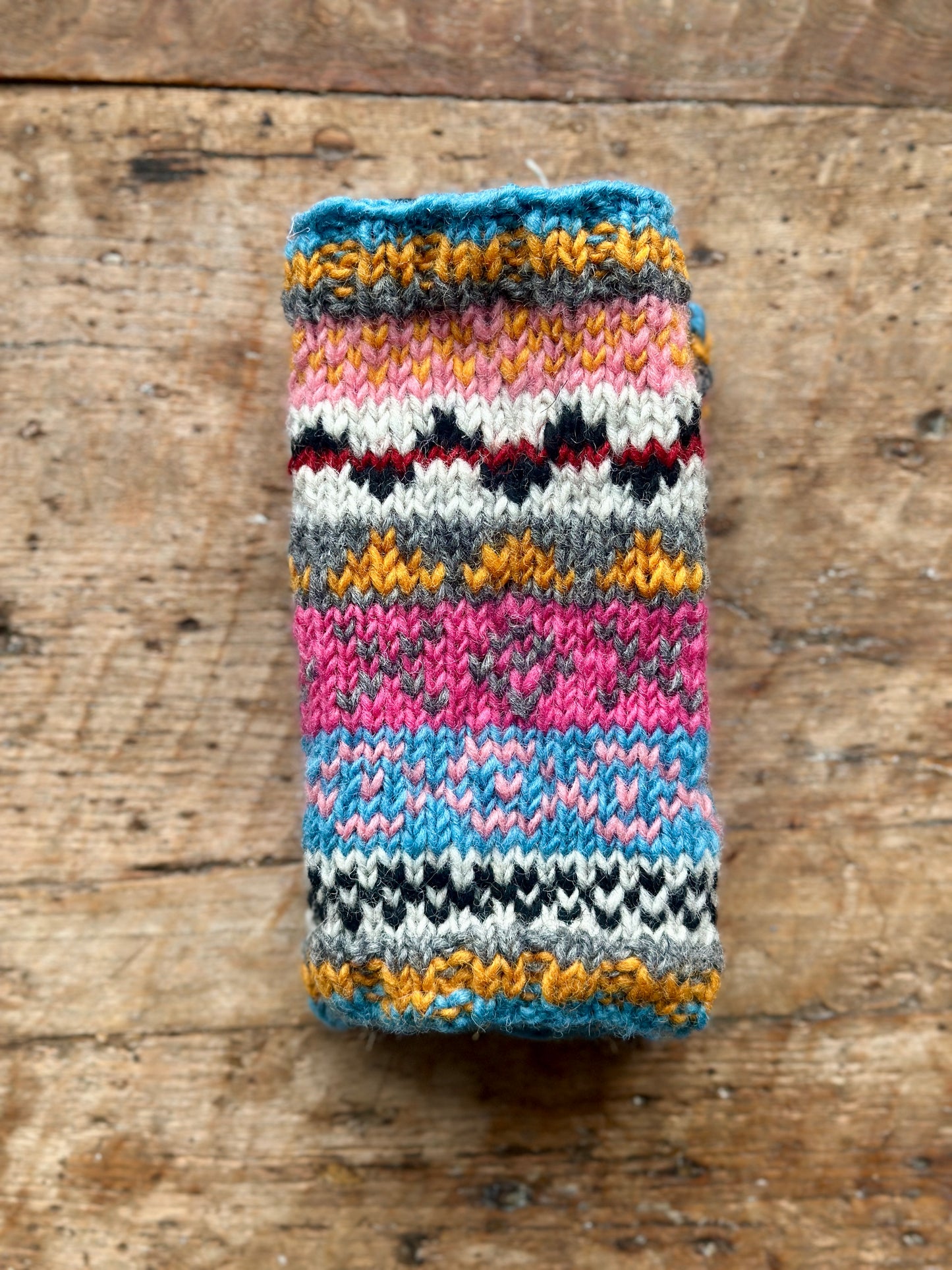 Fuchsia, Mustard and Blue Hand Knitted Fair Isle Wrist Warmers