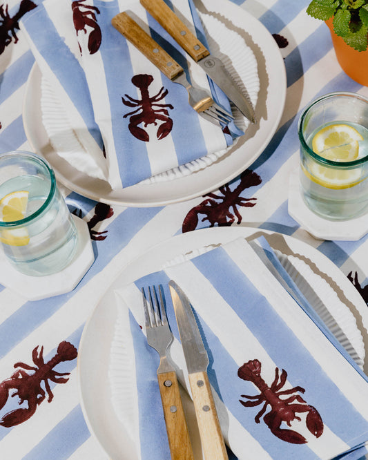Blue Stripe Lobster Block Print Tablecloth