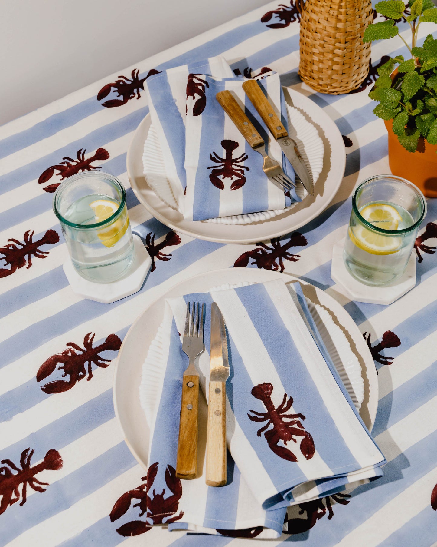 Blue Stripe Lobster Block Print Tablecloth