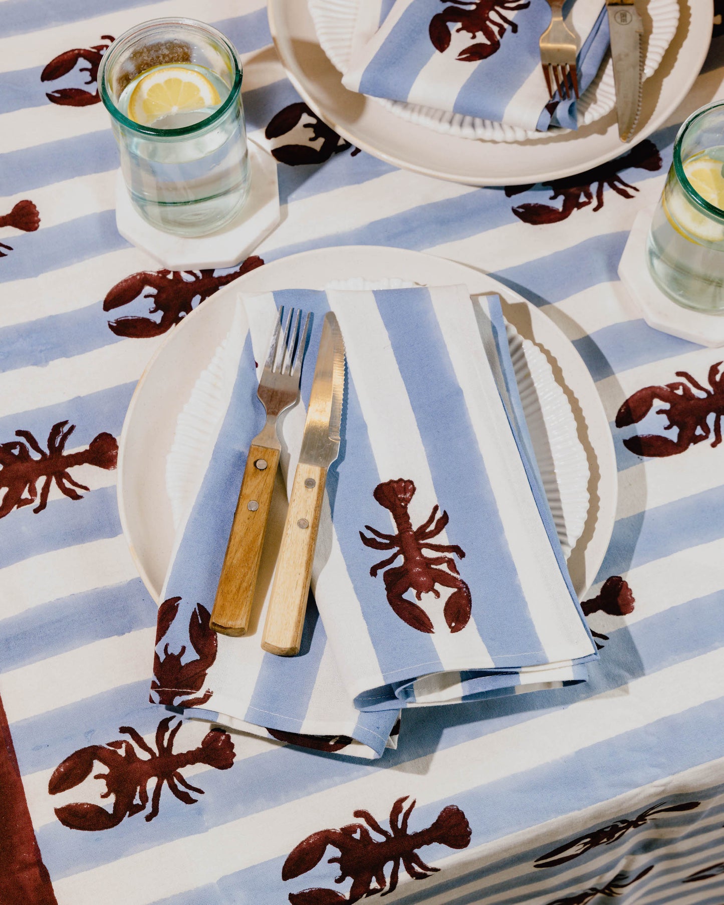 Blue Stripe Lobster Block Print Tablecloth