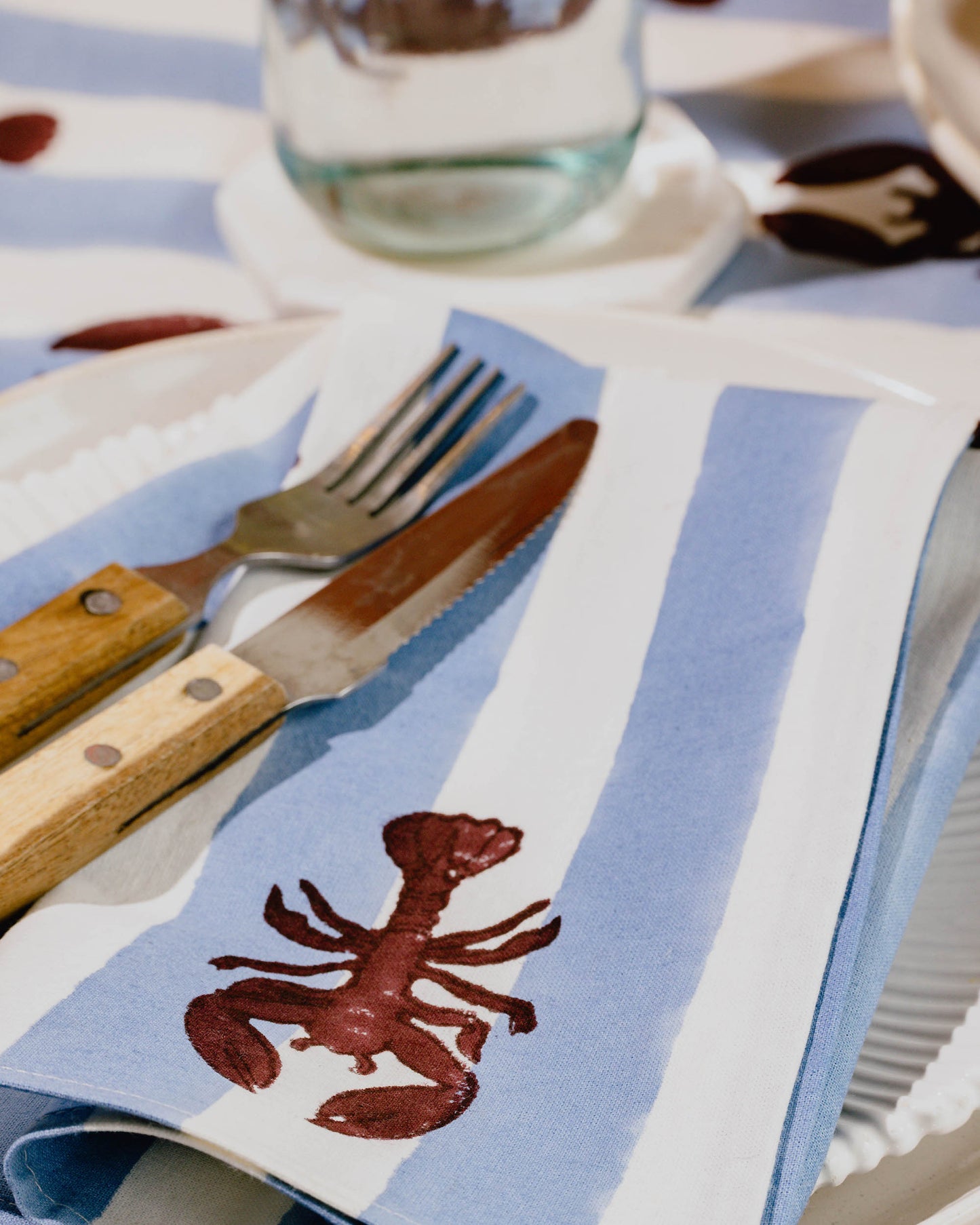 Blue Stripe Lobster Block Print Tablecloth