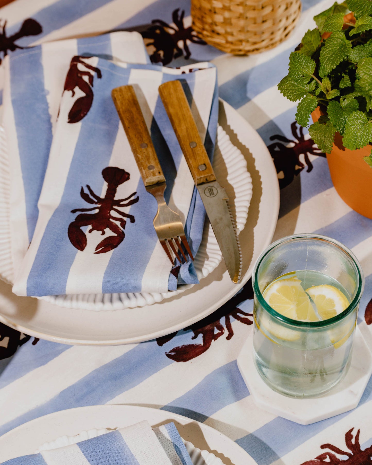 Blue Stripe Lobster Block Print Tablecloth