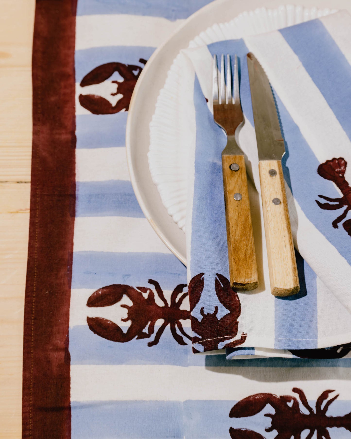Blue Stripe Lobster Block Print Tablecloth