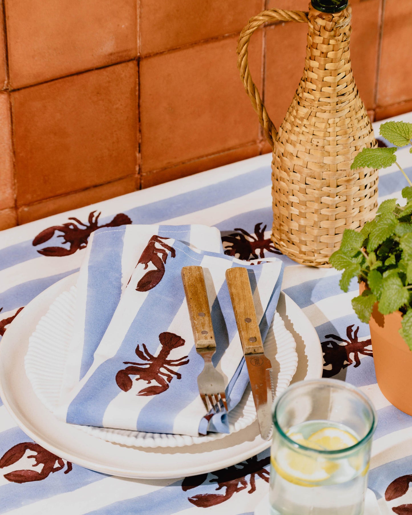 Blue Stripe Lobster Block Print Tablecloth