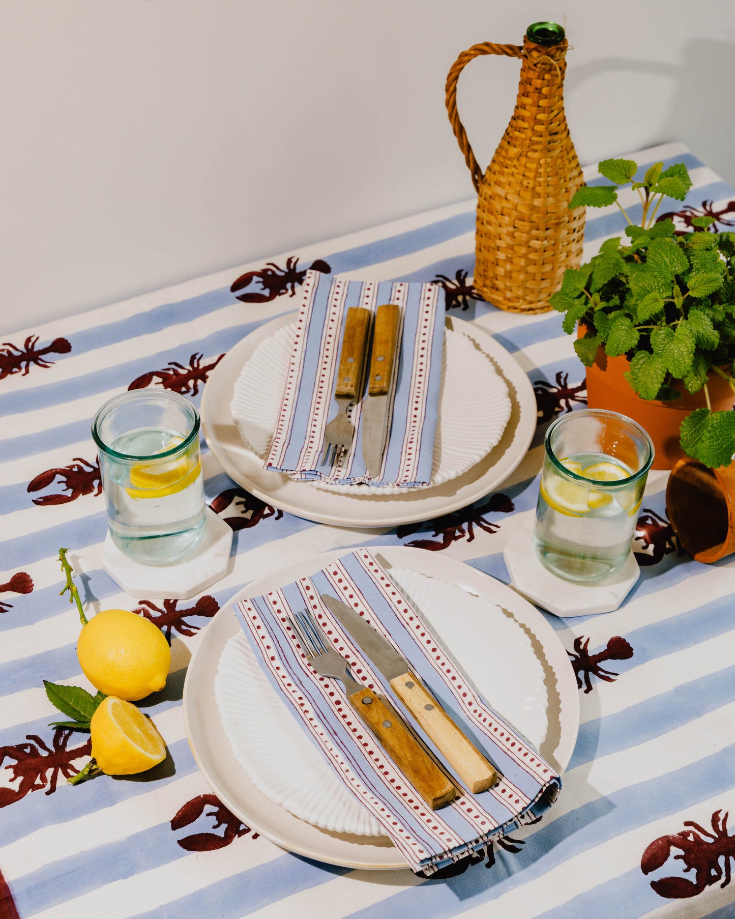 Blue Stripe Lobster Block Print Tablecloth