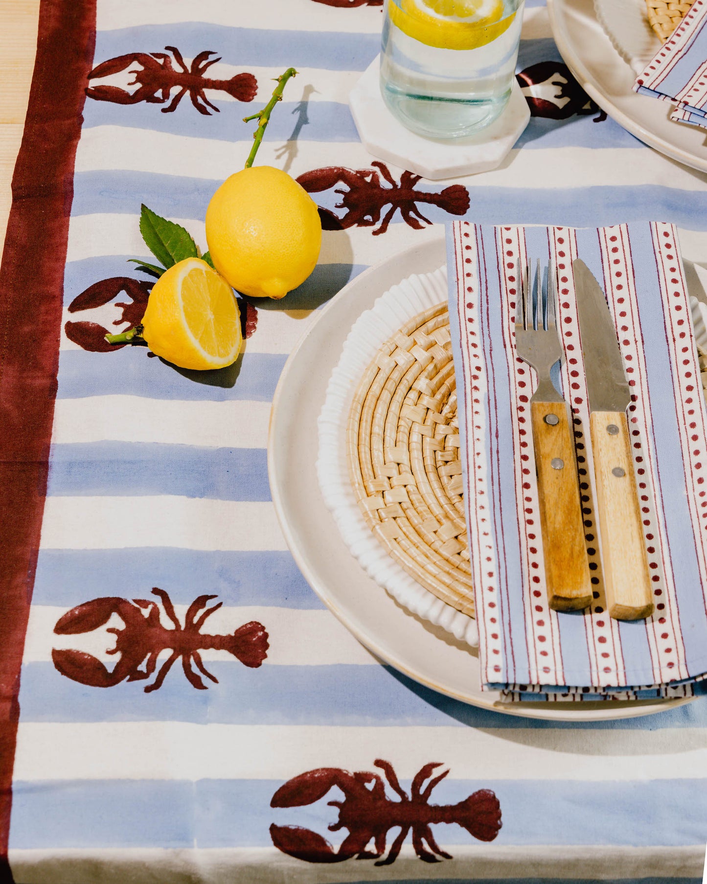 Blue Stripe Lobster Block Print Tablecloth