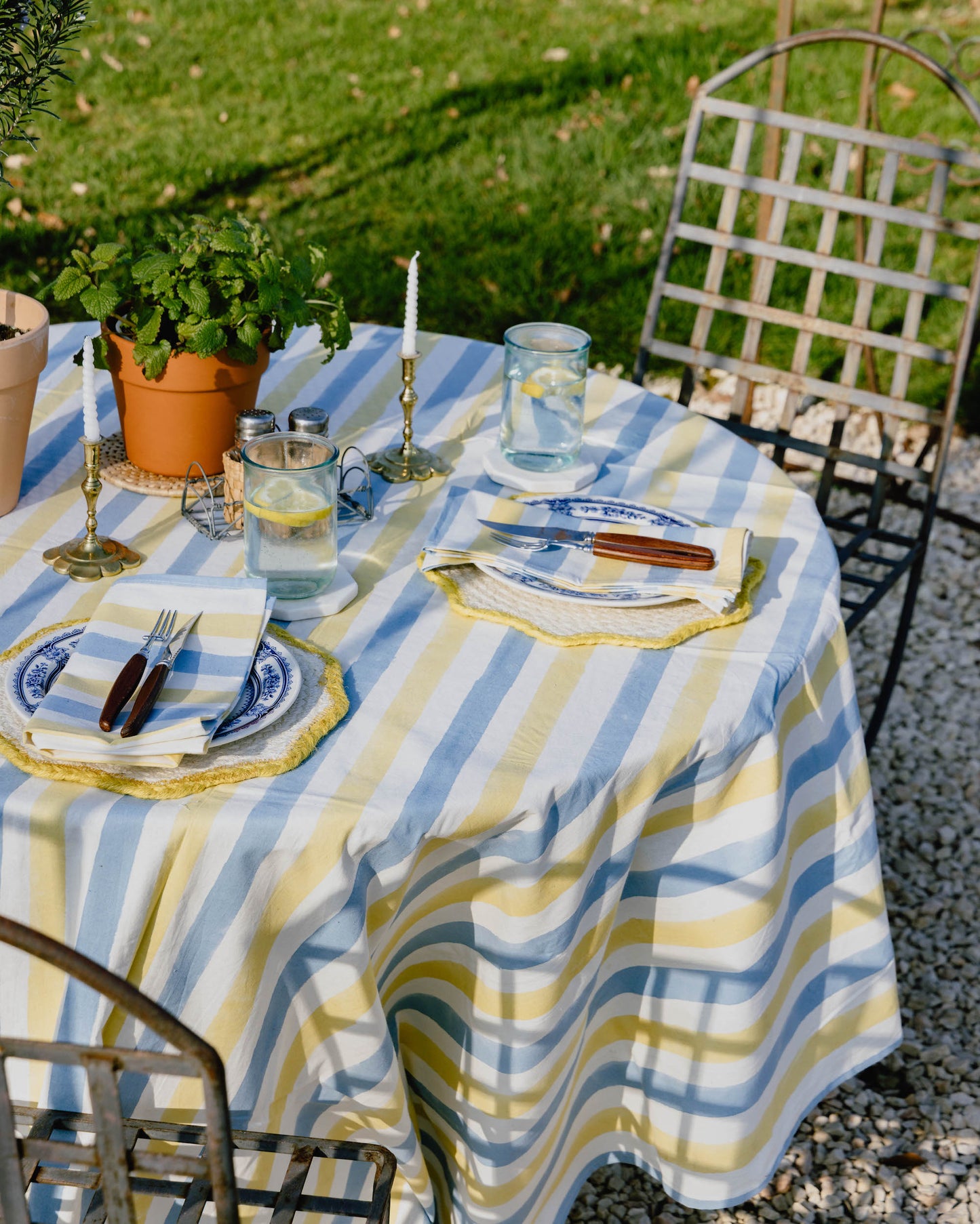 Sky Blue & Butter Yellow Stripe Block Print Tablecloth