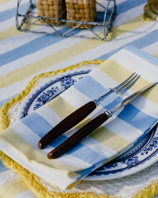 Sky Blue & Butter Yellow Stripe Stripe Block Print Napkins Set of Four