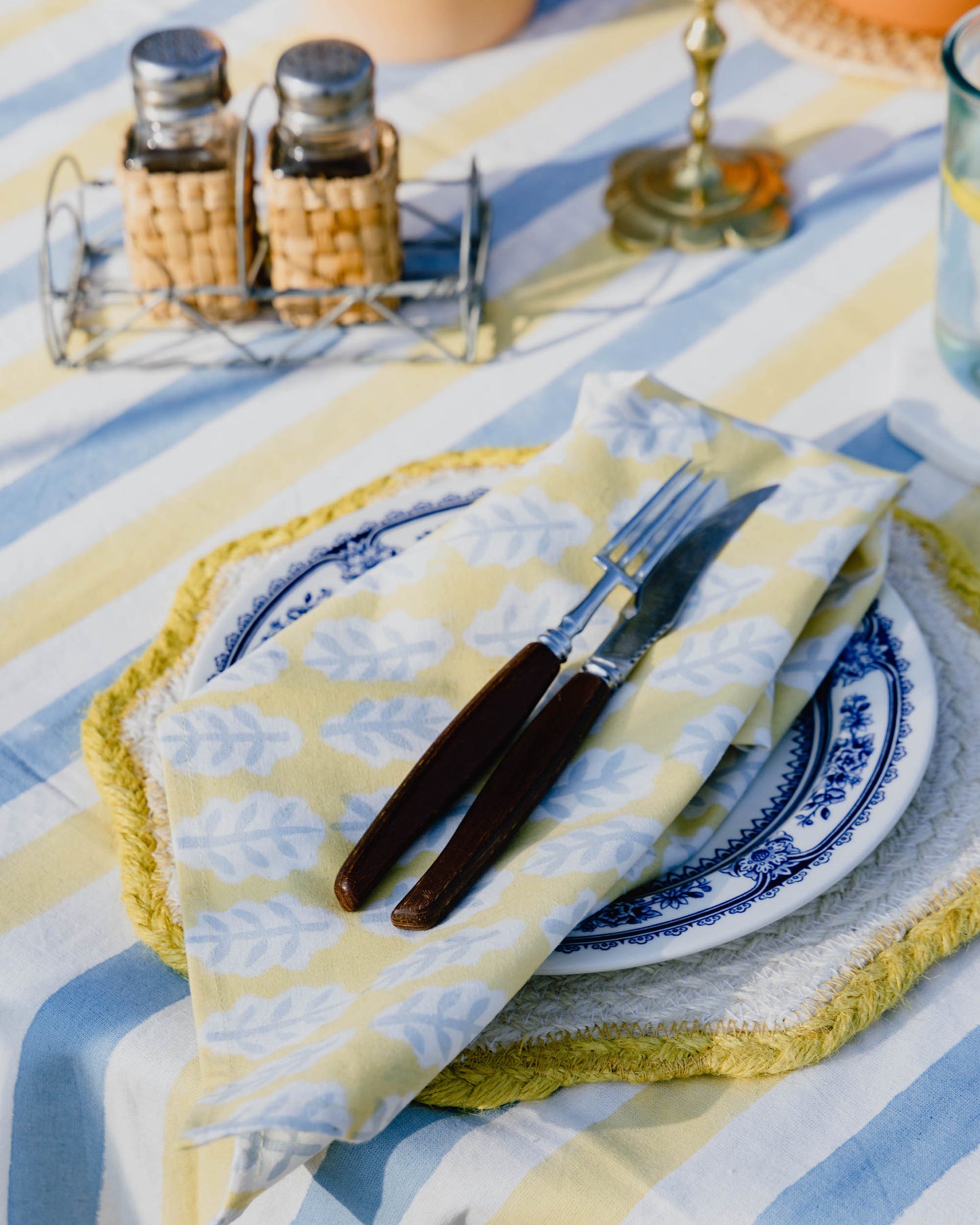 Sky Blue & Butter Yellow Stripe Block Print Tablecloth