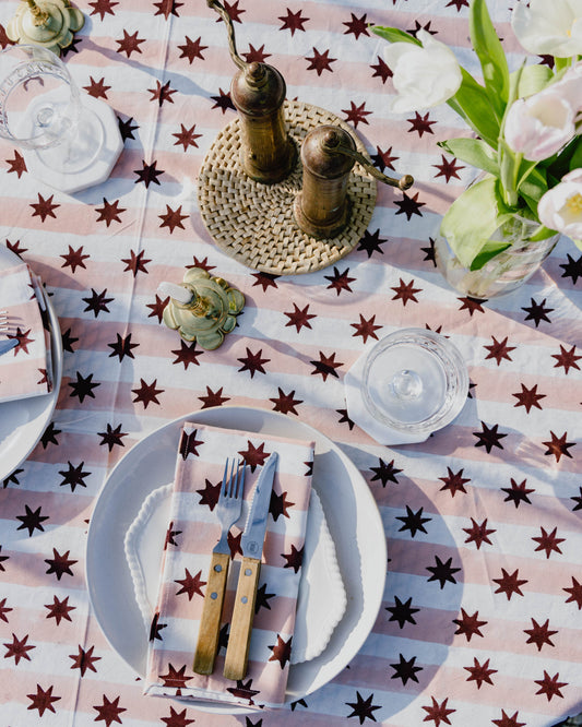 Pink Stripe & Burgundy Star Block Print Tablecloth