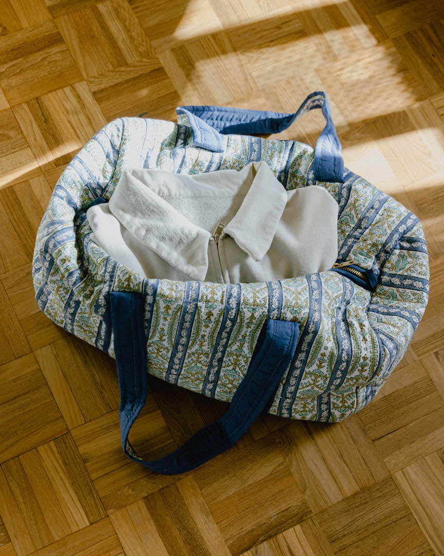 Blue Border Block Print Duffle Bag