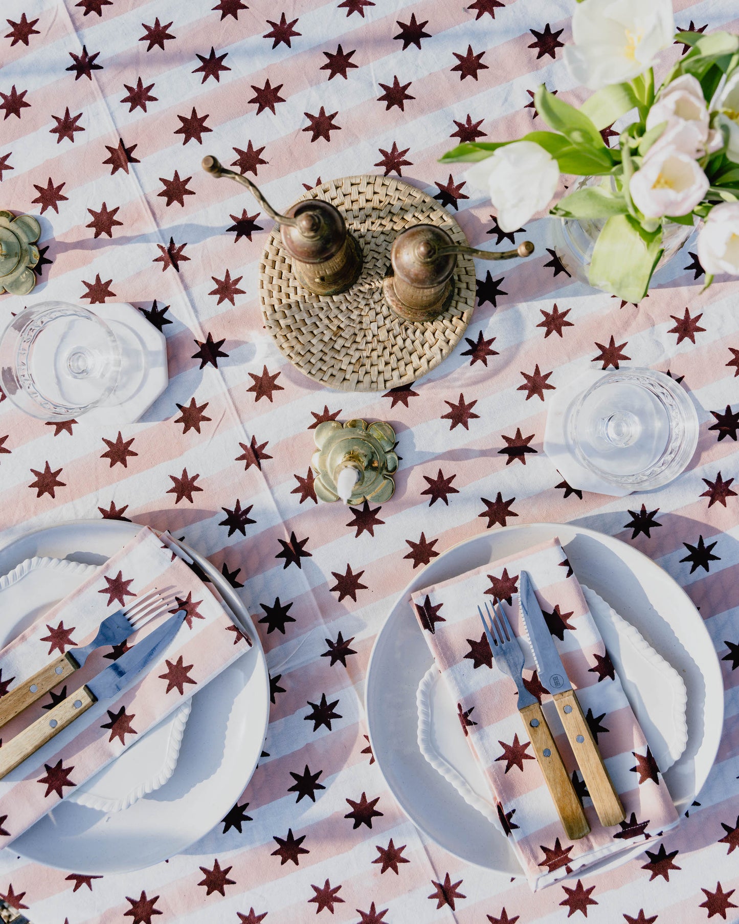 Pink Stripe & Burgundy Star Block Print Tablecloth