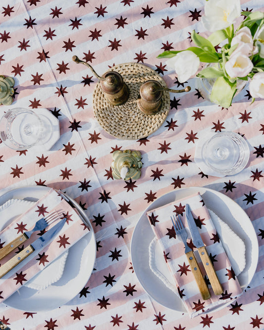 Pink Stripe & Burgundy Star Block Print Tablecloth