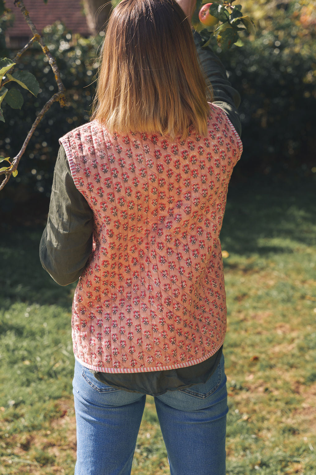 Peachy Pink Block Print Quilted Gilet