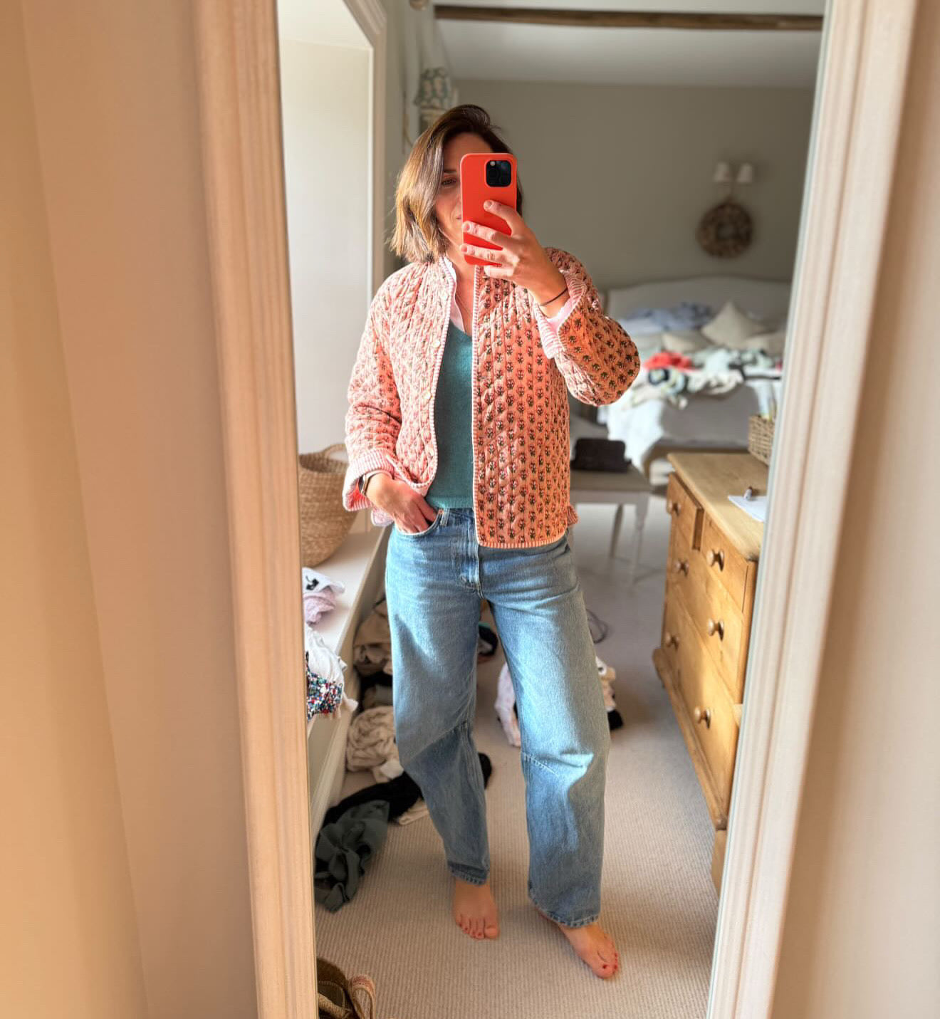 Peachy Pink Block Print Quilted Jacket