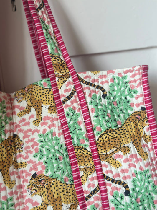 Cheetah Print and Pink Stripe Block Print Tote