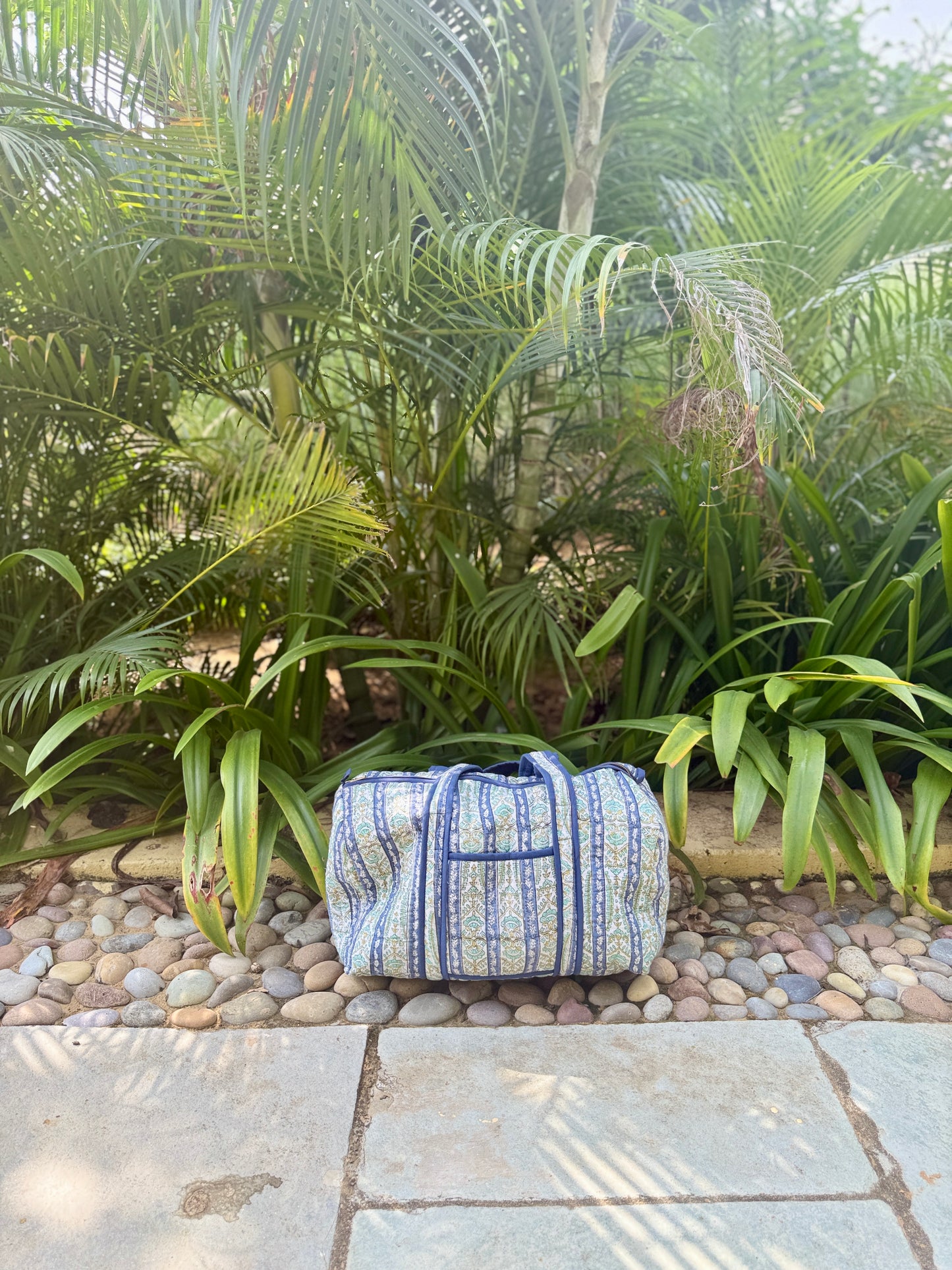 Blue Border Block Print Duffle Bag
