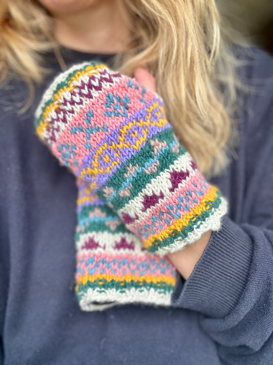 Spruce and Saffron Hand Knitted Fair Isle Wrist Wamers