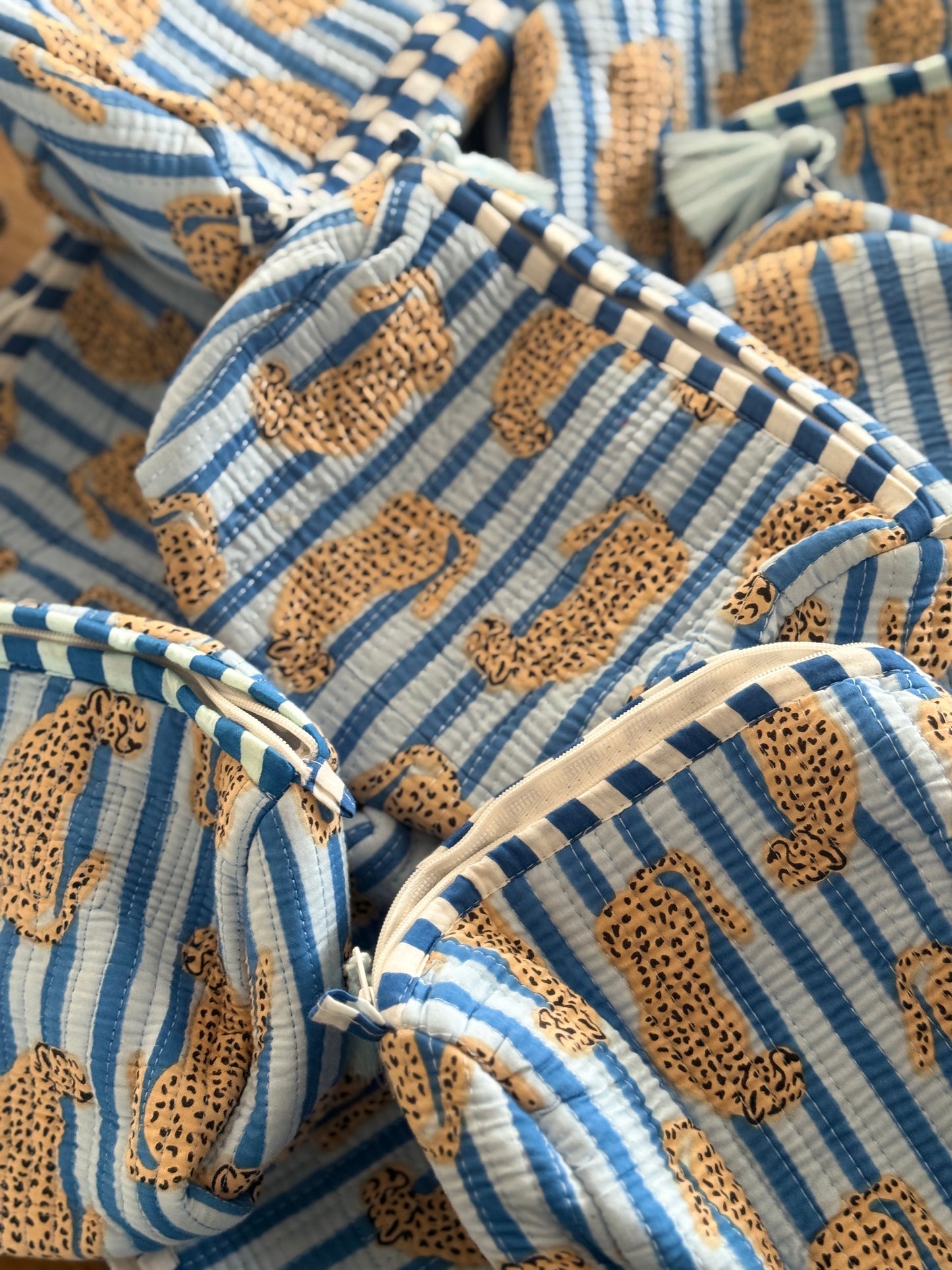 SECONDS Blue Stripe Cheetah Wash Bag
