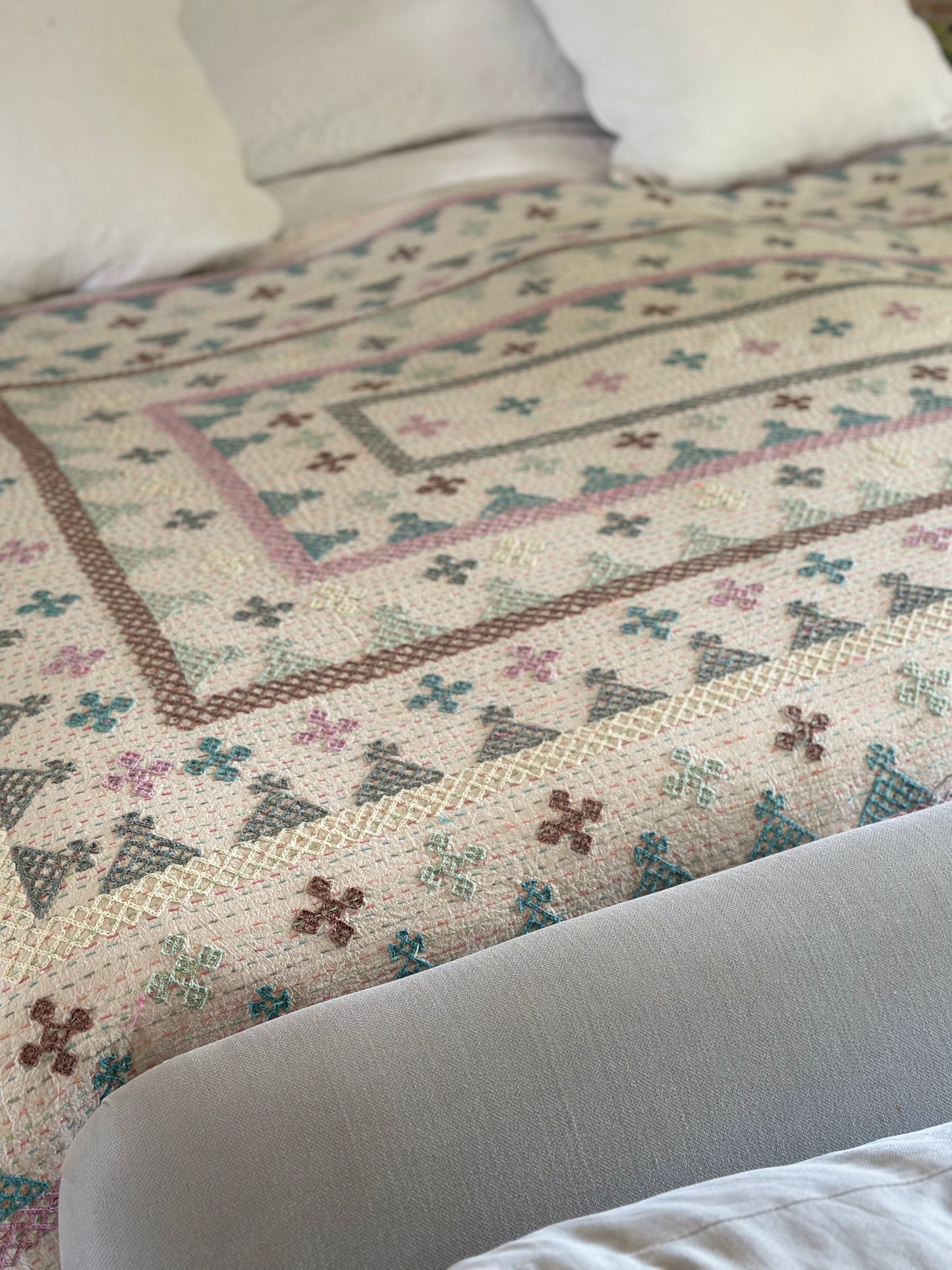 Teal, Mint & Tea Rose Single Kantha Quilt