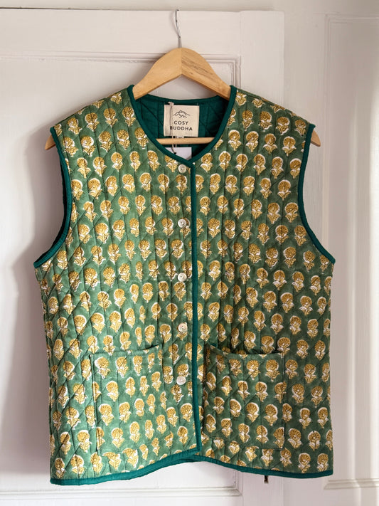 Emerald Block Print Quilted Gilet