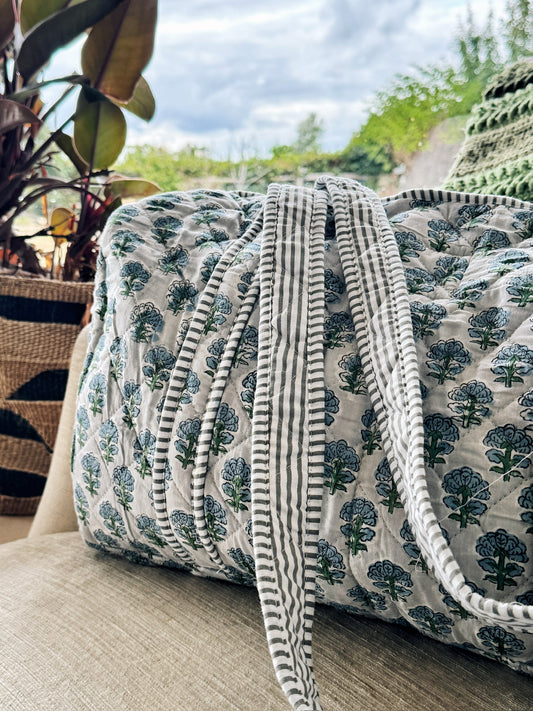 French Blue Block Print Duffle Bag
